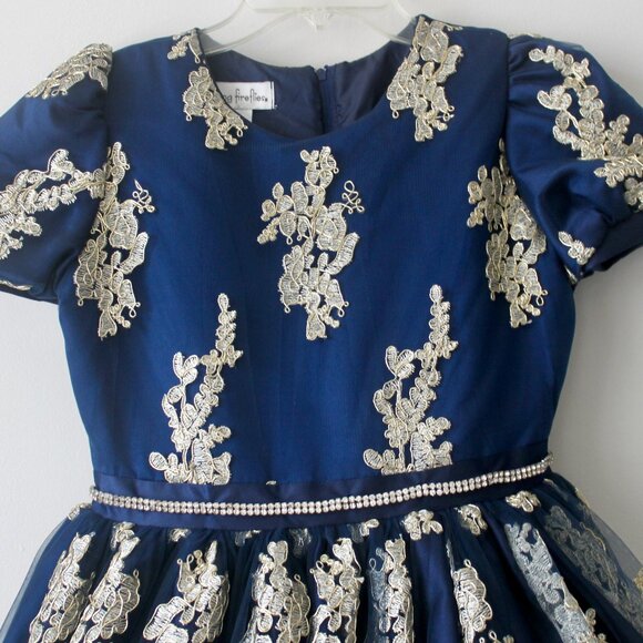 Chasing Fireflies Dark Blue Gold Embroidered Metallic Knee-Length Gown Dress 16 - Picture 2 of 10
